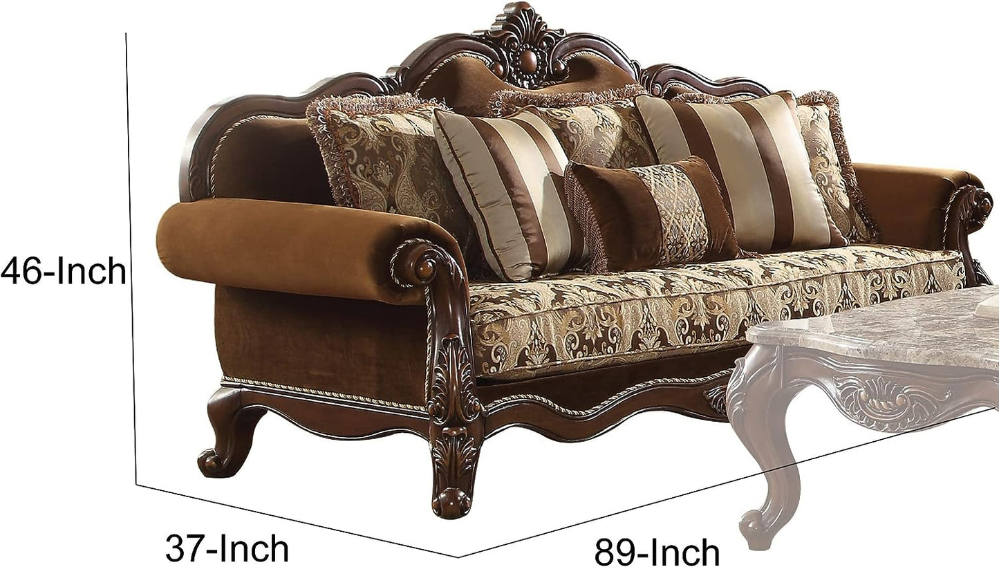 ACME Jardena Sofa with 6 Pillows in Fabric and Cherry Oak Finish