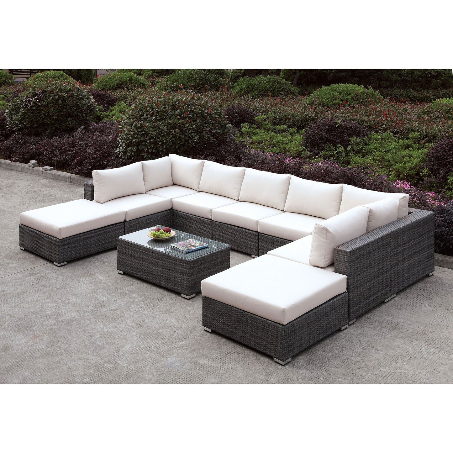 Furniture of America Somani Light Gray Wicker/Ivory Cushion U-Sectional + Coffee Table