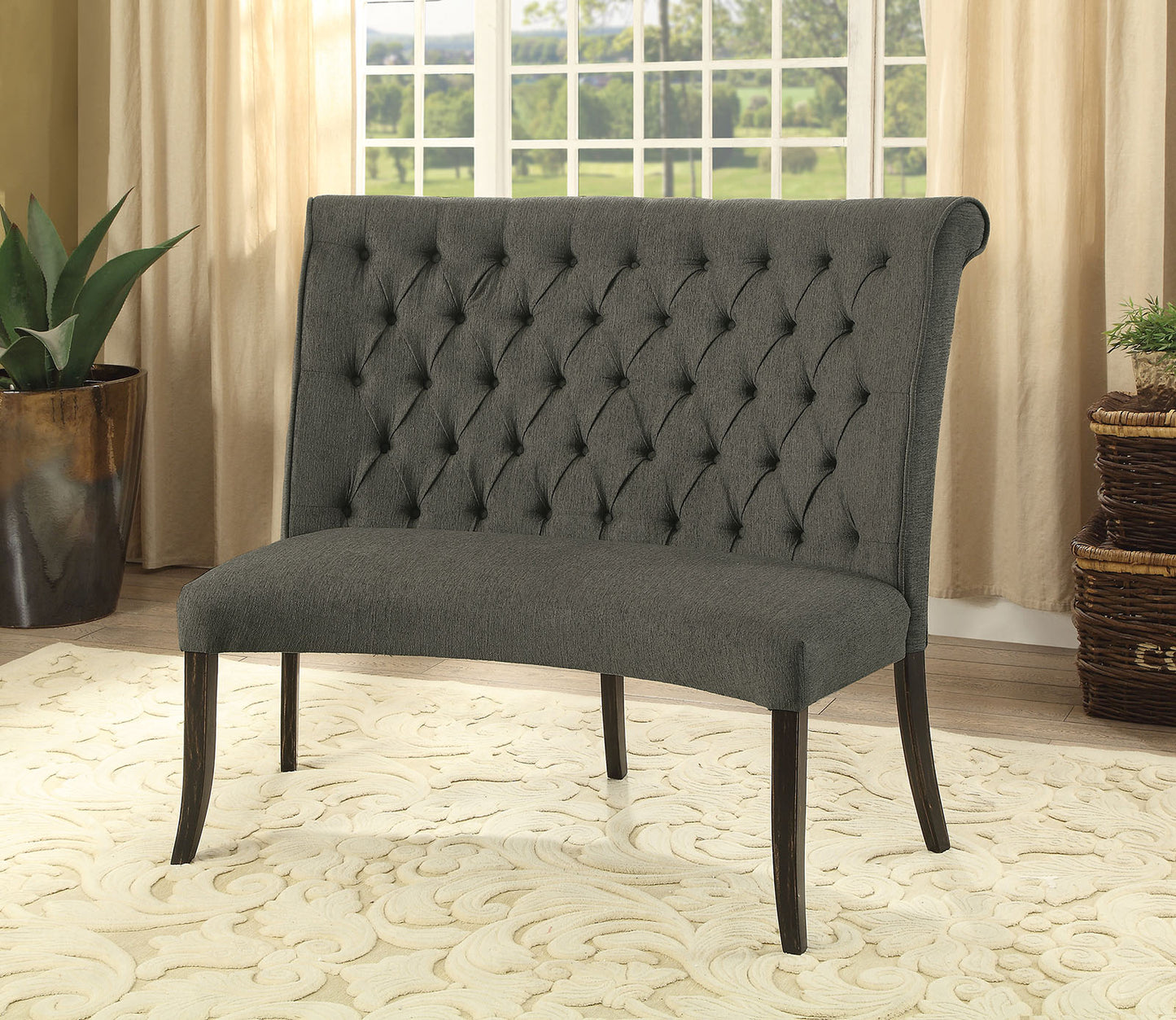 Furniture of America Nerissa Gray/Antique Black Round Love Seat Bench, Gray Fabric