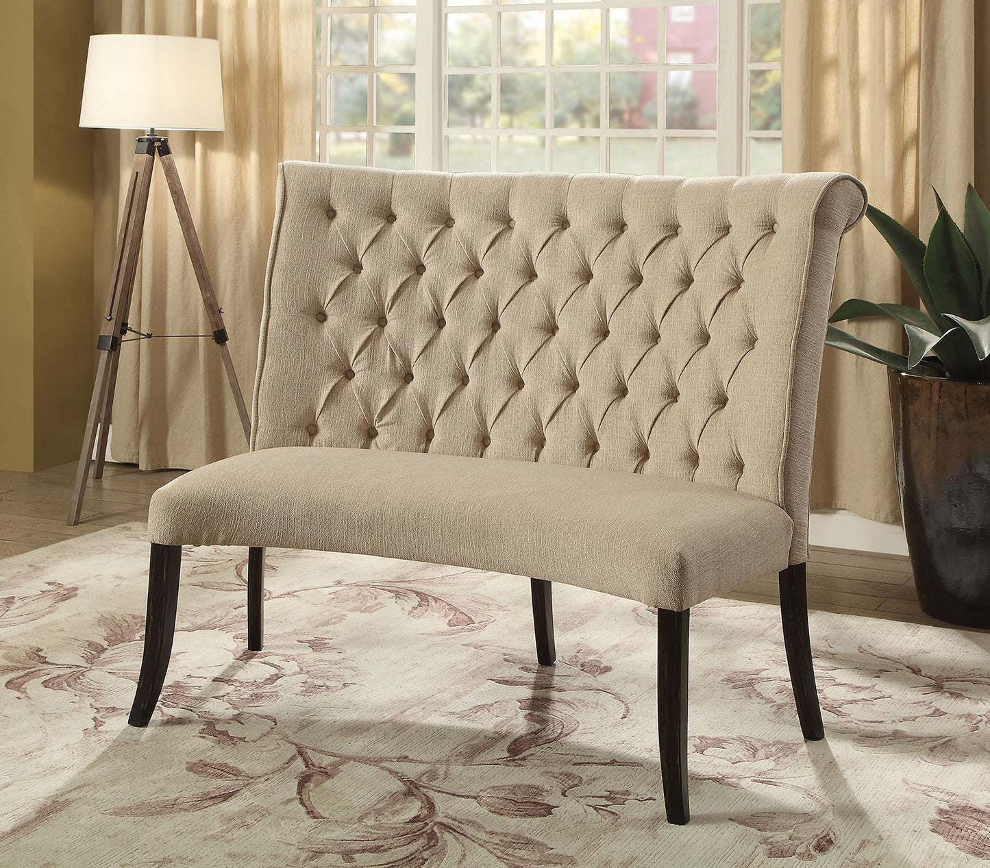 Furniture of America Nerissa Beige/Antique Black Round Love Seat Bench, Ivory Fabric