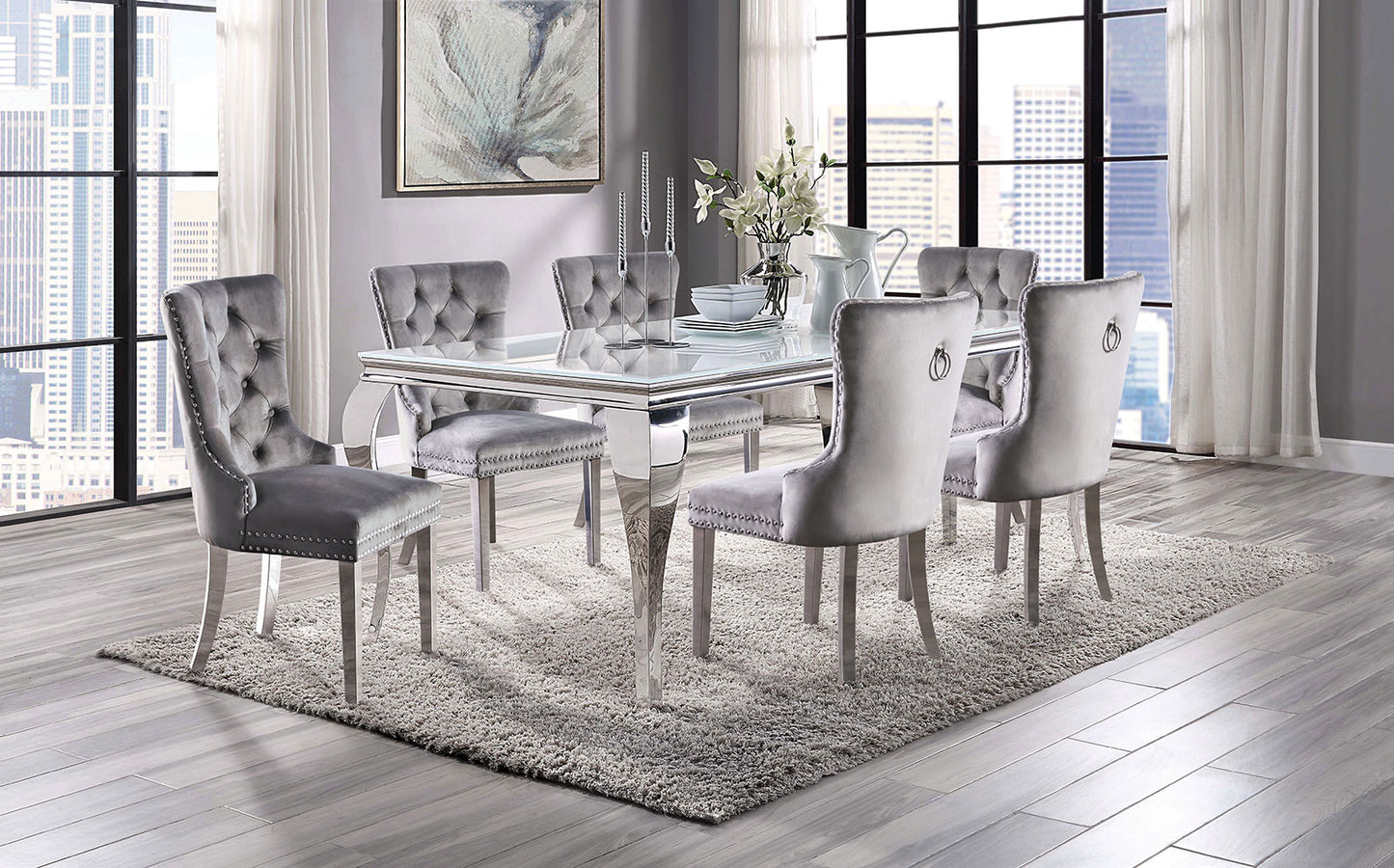 Furniture of America NEUVEVILLE 7 Pc. Dining Table Set, Gray Chairs