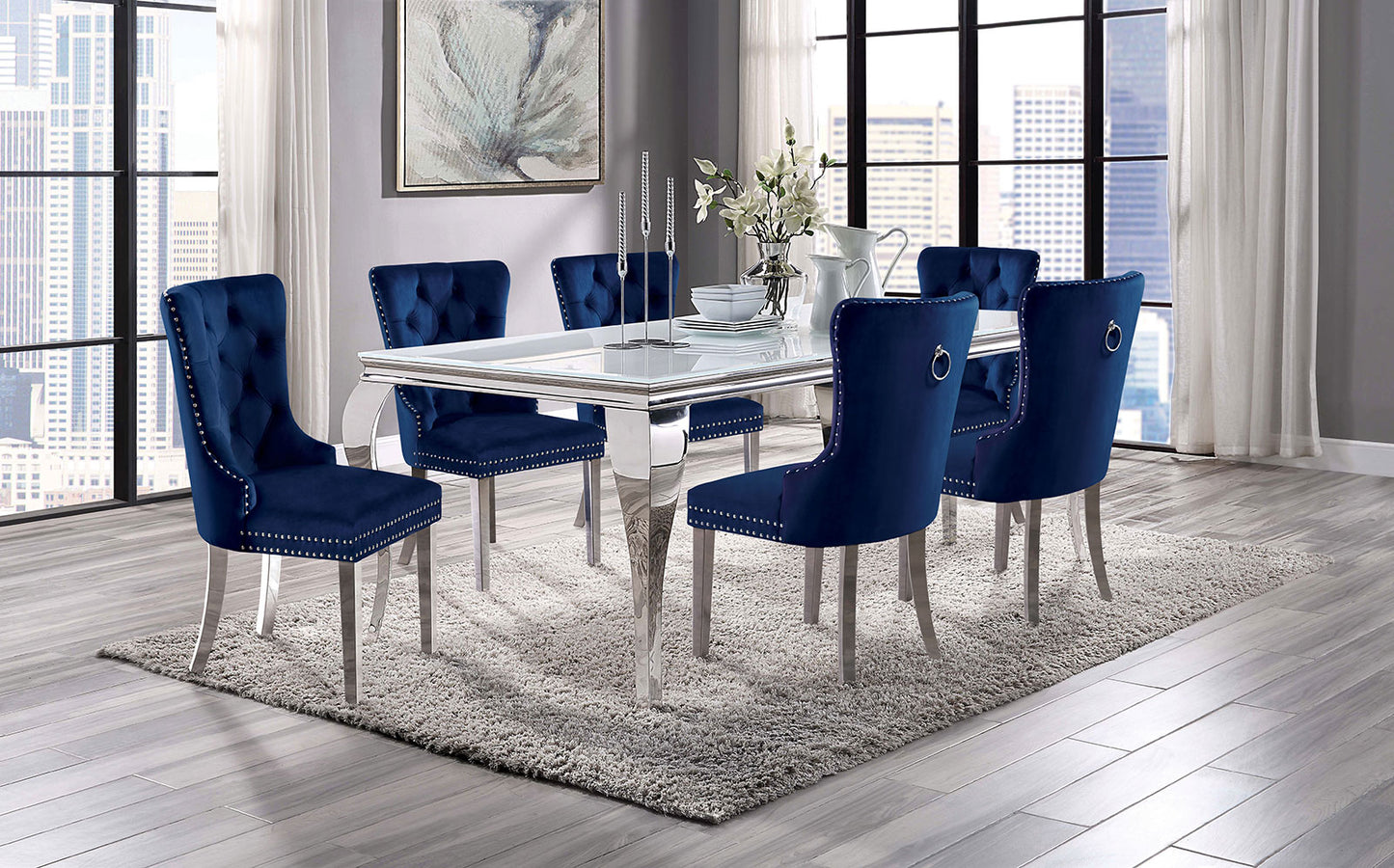 Furniture of America NEUVEVILLE 7 Pc. Dining Table Set, Navy Chairs