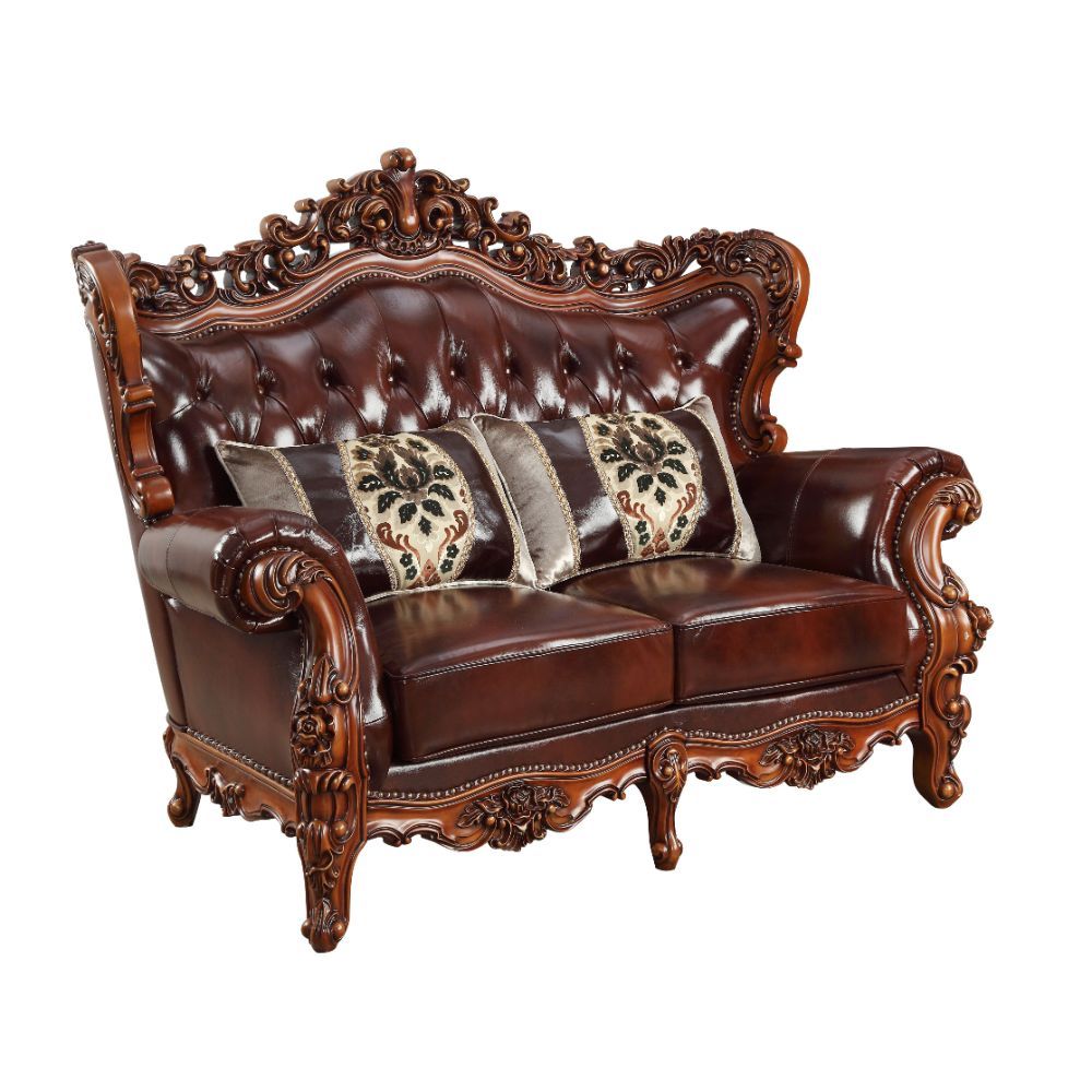 ACME Eustoma Loveseat with 2 Pillows in Cherry Top Grain Leather Match and Walnut