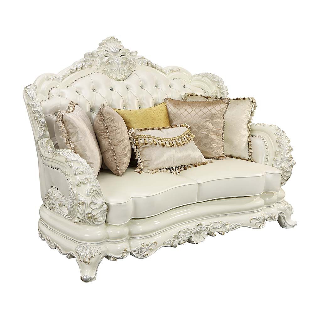 ACME Adara Loveseat with 5 Pillows White PU & Antique White Finish