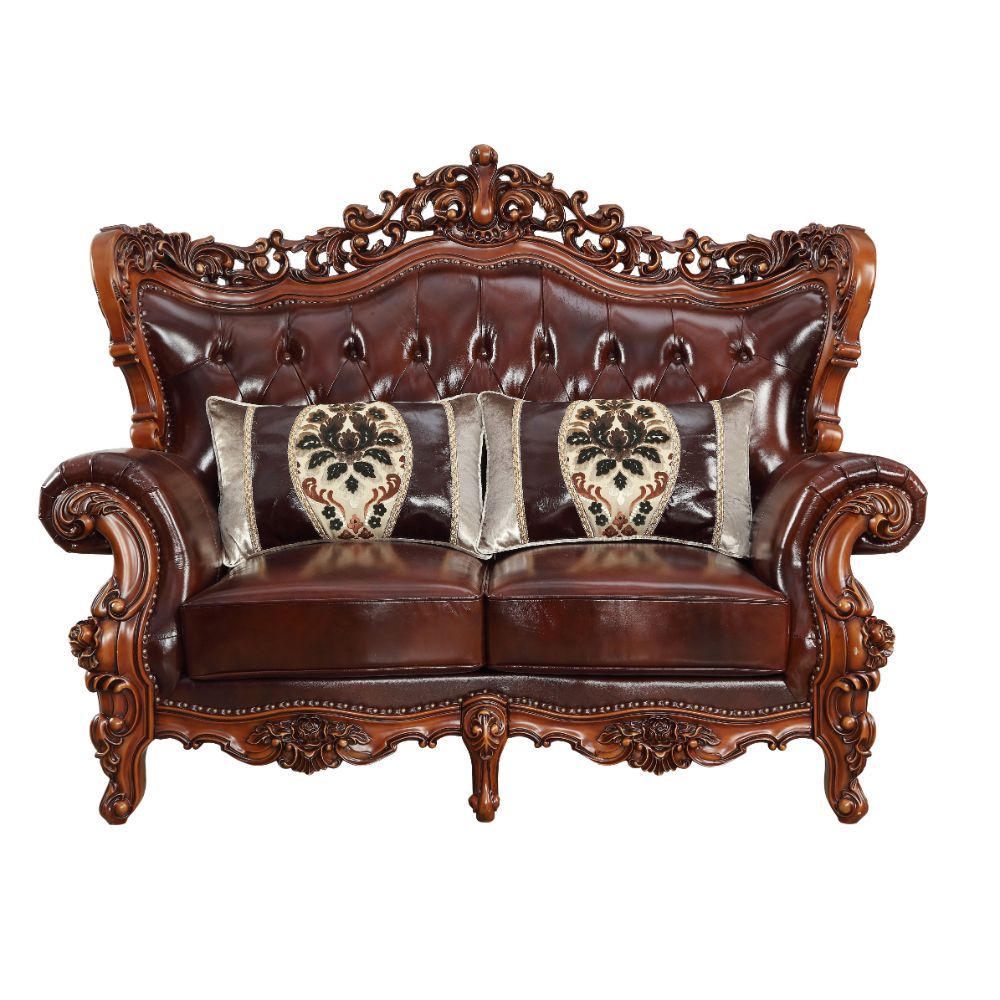 ACME Eustoma Loveseat with 2 Pillows in Cherry Top Grain Leather Match and Walnut