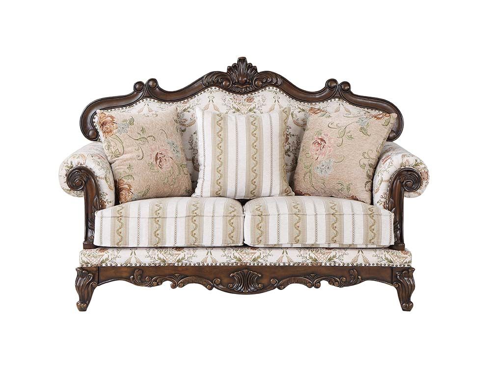 ACME Nayla Loveseat in Pattern Fabric and Walnut Color