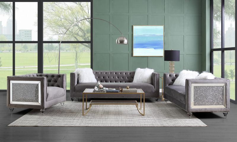 ACME  HeiberoII Loveseat With 2 Pillows Gray Velvet