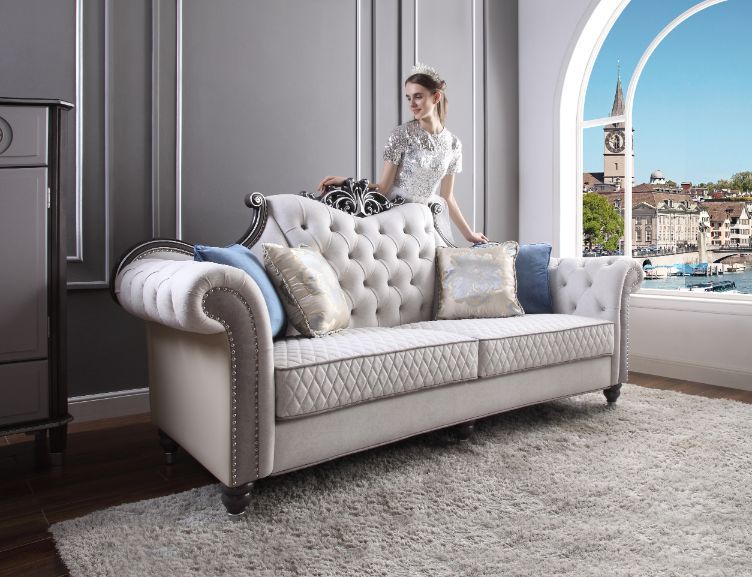 ACME House Delphine Sofa Two Tone Ivory Fabric, Beige PU & Charcoal Finish