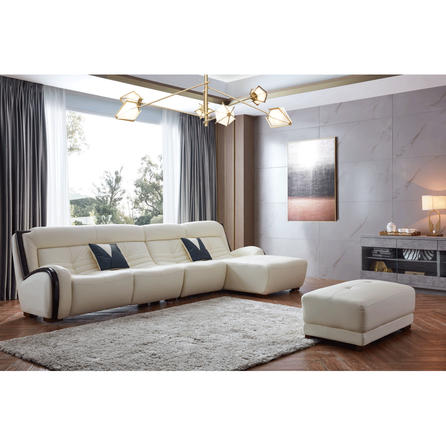 ESF 6028 Top Grain Leather L-Shaped Sectional Sofa w/Right Chaise, White