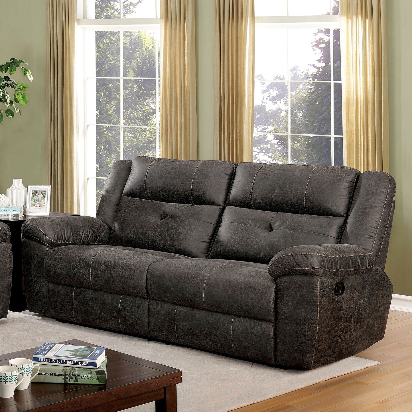 Furniture of America CHICHESTER SOFA Split Back Cushions, Cup Holders & Storage Console in Love Seat and Reciner