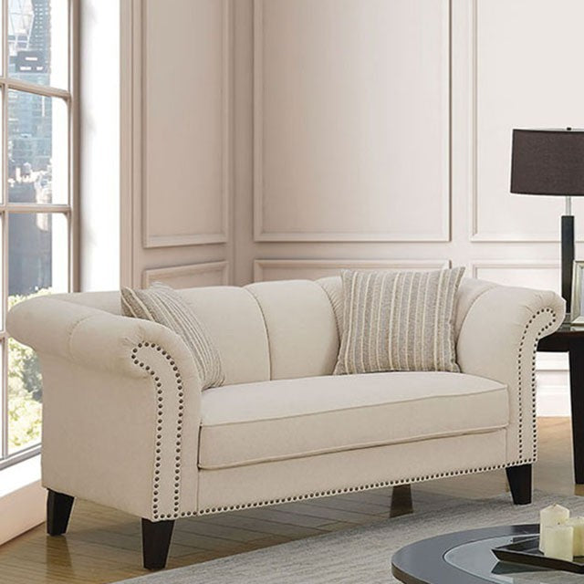 Furniture of America CLARABELLE LOVE SEAT Single Cushion Seat &  Nailhead Trim Tapered Legs