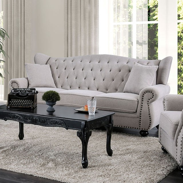 Furniture of America EWLOE SOFA Button Tufted Back, Box Cushion Seats, Round Bun Feet and Pillows Included