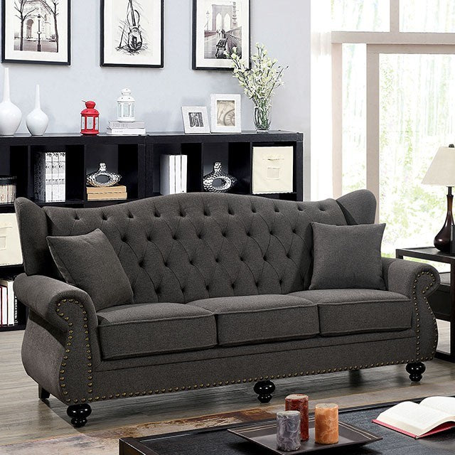 Furniture of America EWLOE SOFA Box Cushion Seats, Button Tufted Back, Wing Back Design and Pillows Included