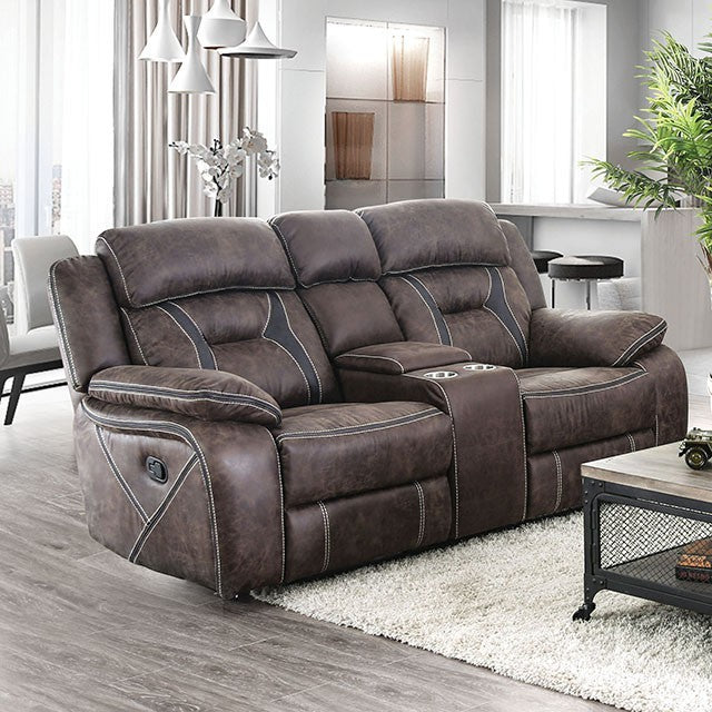 Furniture of America FLINT LOVE SEAT Console w, Cup Holder & Contoured Seats Large Padded Arms