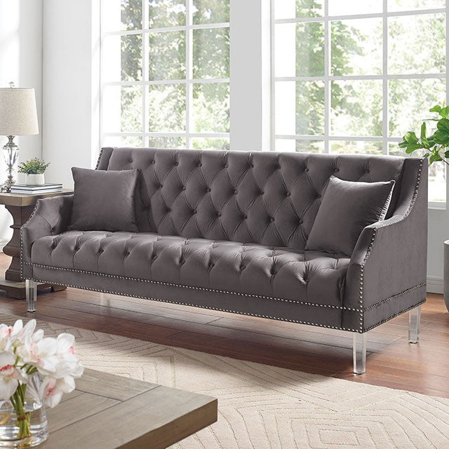 Furniture of America FRANCESCHI SOFA Button Tufted, Clear Acrylic Legs & Nailhead Trim Pillows Included