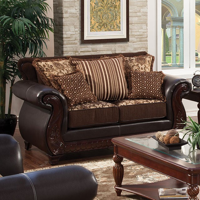 Furniture of America FRANKLIN LOVE SEAT Intricate Wood Trim & US-Made (Incl. Foreign Materials) Available in 2 Colors