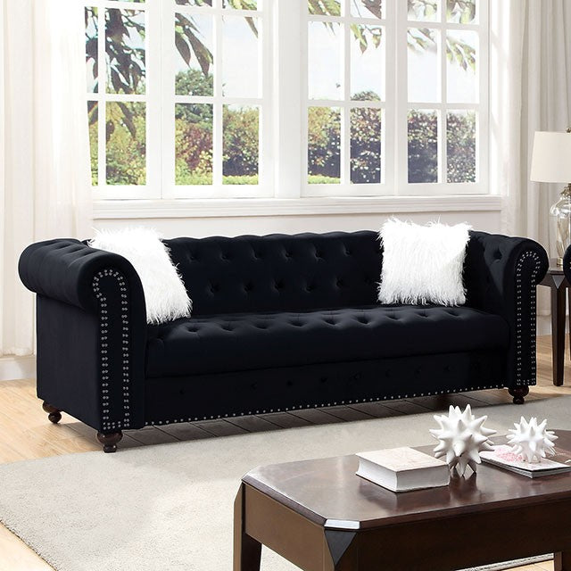 Furniture of America GIACOMO SOFA Rolled Armrests, Button Tufted & Nailhead Trim Pillows Included