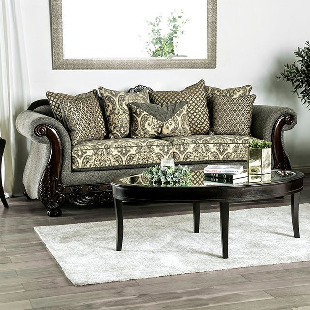 Furniture of America JUSTINA SOFA Patterned Seat Cushions, High-Density Foam Cushions and Bun Feet, Pillows Included