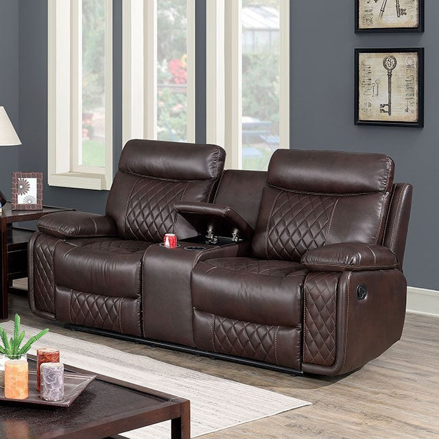 Furniture of America MANDA SOFA Recliners & Breathable Leatherette Center Console w, Storage and 2 Cup holders