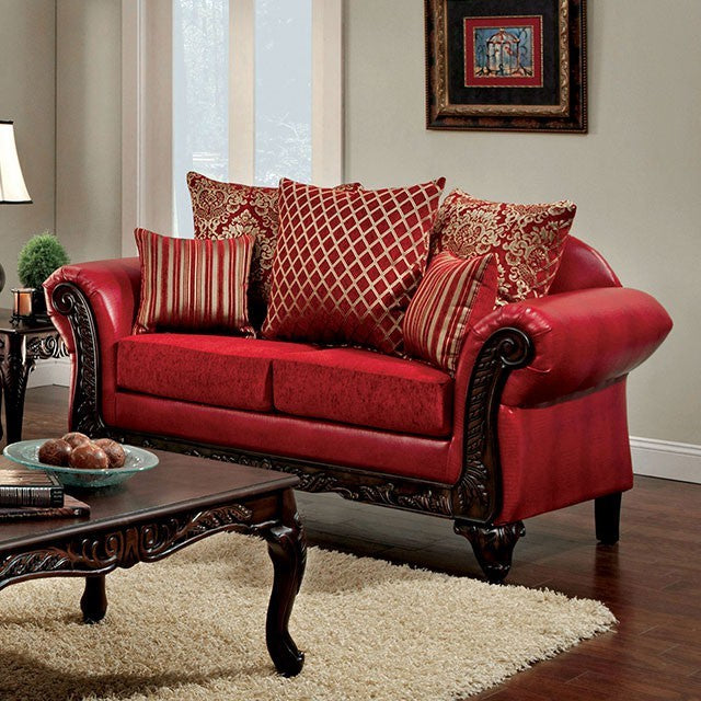 Furniture of America MARCUS LOVE SEAT Intricate Wood Trim & Red Leatherette & Red Fabric US-Made (Incl. Foreign Materials)