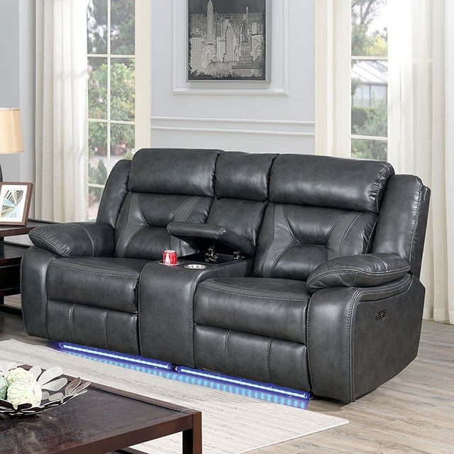 Furniture of America MARNIE SOFA Power Recliner & Plush Arms and Back Console w, Storage and 2 Cup holders