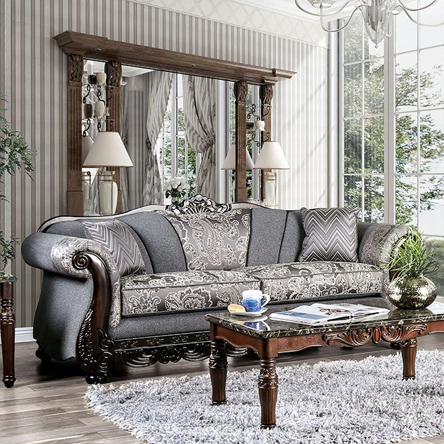 Furniture of America NEWDALE SOFA Box Cushion Seating, Arched Black Design & Round Bun Feet Pillows Included