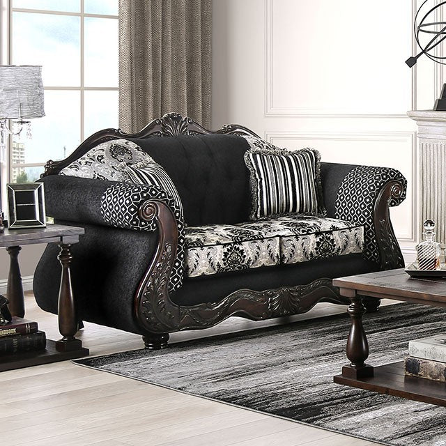 Furniture of America RONJA SOFA Dark Brown Welting & Rolled Arms With Wood Trim Round Bun Feet