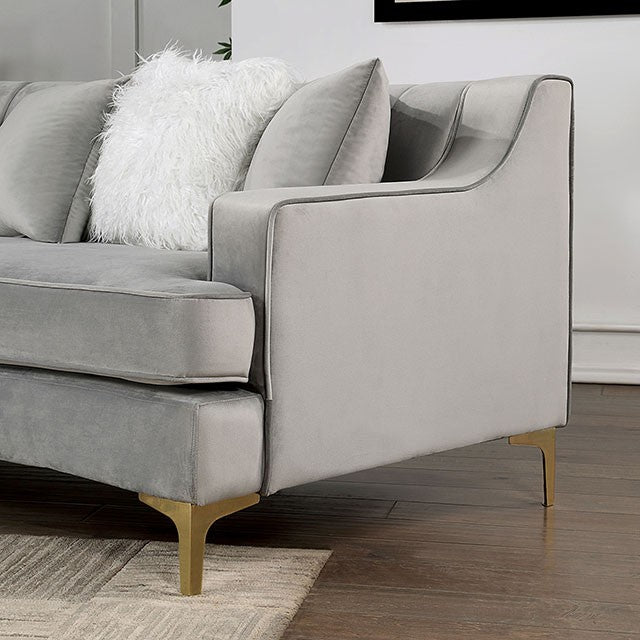 Furniture of America SELENA SECTIONAL Slope Arms & Faux-fur Pillows Gold-plated Metal Legs