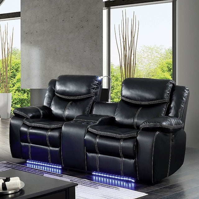 Furniture of America SIRIUS LOVE SEAT Cup Holders & Storage &  Breathable Leatherette Built in LEDs