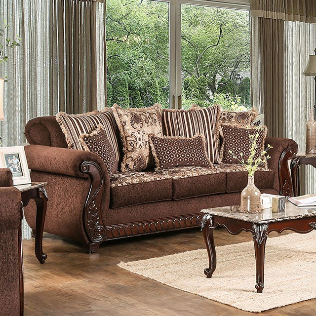 Furniture of America TABITHA SOFA Intricate Wood Trim &  High-Density Foam Cushions Pillows Included