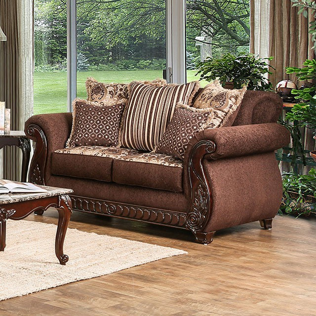 Furniture of America TABITHA LOVE SEAT Intricate Wood Trim & High-Density Foam Cushions Pillows Included