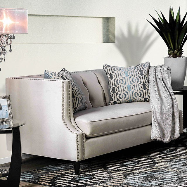 Furniture of America TEGAN LOVE SEAT Nailhead Trim & Tappered Wooden Feet Pillows Included