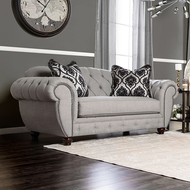 Furniture of America VIVIANA LOVE SEAT Pillows Included & Gray Fabric US-Made (Incl. Foreign Materials)