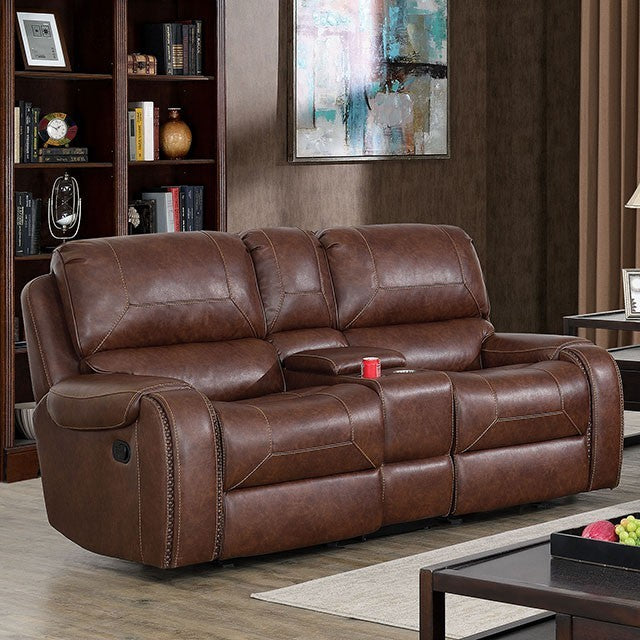 Furniture of America WALTER LOVE SEAT  Storage and Cup Holders, Glider Recliner & Nailhead Trim