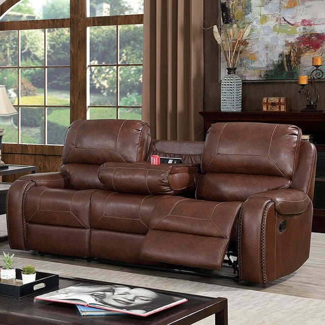 Furniture of America WALTER SOFA Drop-down Table w, Cup Holders, Glider Recliner,Leatherette, Solid Wood and Nailhead Trim