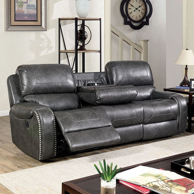 Furniture of America WALTER SOFA Leatherette, Solid Wood, Sofa w, Cup holders in Drop-down Table and Nailhead Trim