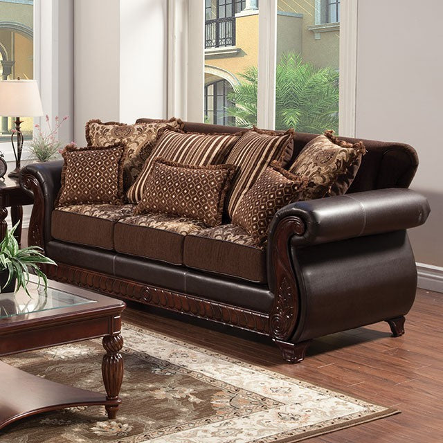 Furniture of America FRANKLIN SOFA Rolled Arms, Intricate Wood Trim and Pillows Included