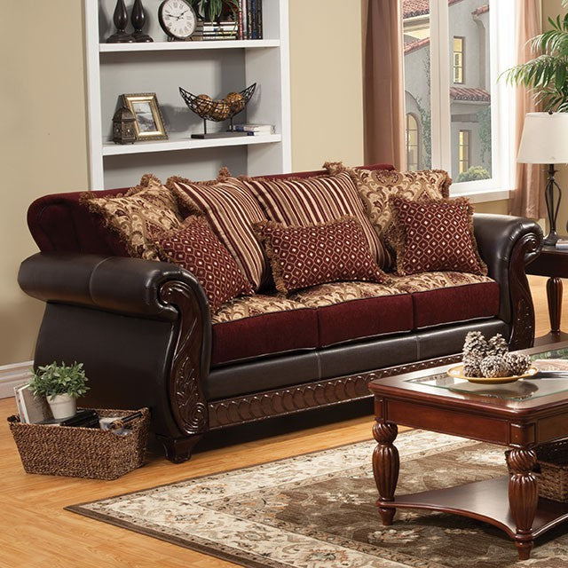 Furniture of America FRANKLIN SOFA Intricate Wood Trim, Rolled Arms and Pillows Included