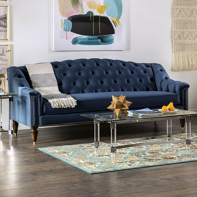 Furniture of America MARTINIQUE SOFA Velvet-like, Bench-style Cushion & Camelback Design