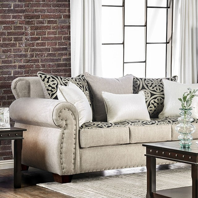 Furniture of America SINATRA SOFA Linen-like Fabric, Solid Wood, Loose Back Pillows