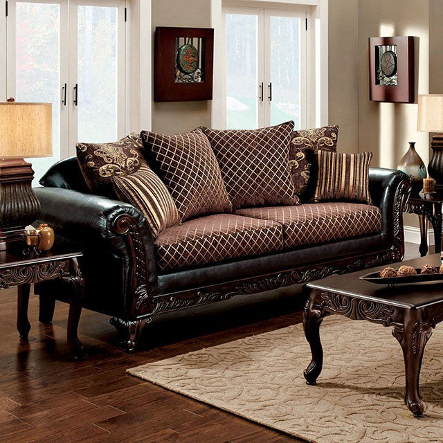 Furniture of America SAN ROQUE SOFA Intricate Wood Trim, Rolled Arms, Fabric, Leatherette, Solid Wood and Pillows Included