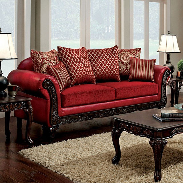 Furniture of America MARCUS SOFA High-Density Foam Cushions, Intricate Wood Trim,  Red Leatherette & Red Fabric