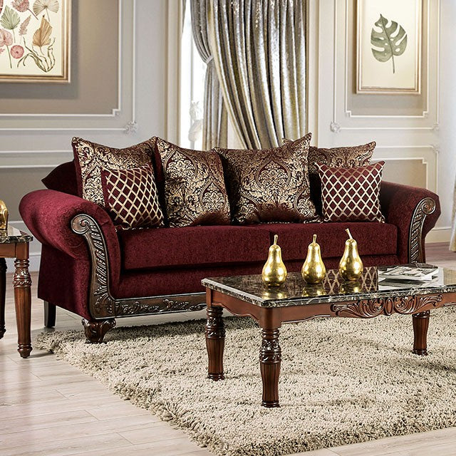 Furniture of America LETIZIA SOFA Faux Wood Carved Details Pillows Included